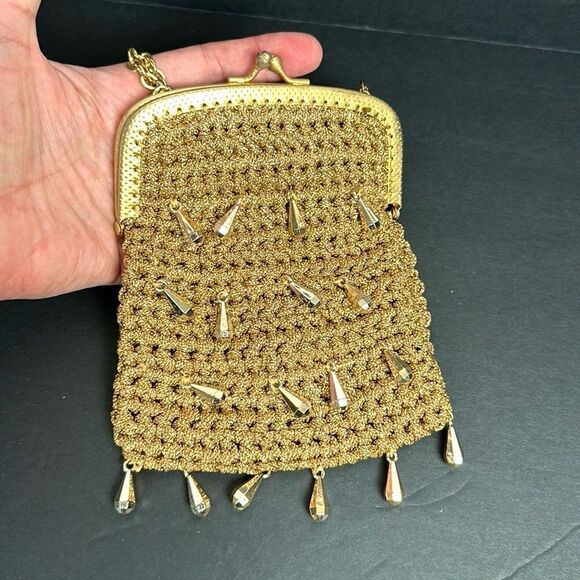 Vintage Gold Small Evening Bag Mesh Crochet with Beads made in Italy - Picture 3 of 11